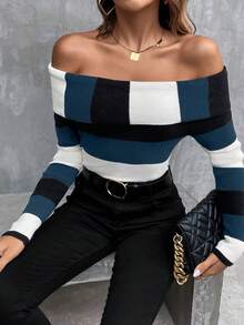 SHEIN Privé Color Block Off Shoulder Fashionable Women'S Sweater - Blue - View 3