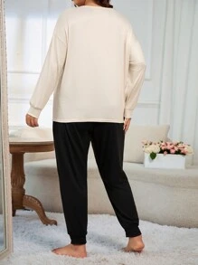 女士大碼對話字母長袖t恤和褲子睡衣套裝 - 杏色 - 查看 3