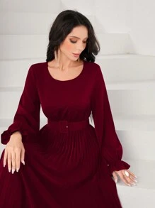 Modelyn 勃艮第红色女士纯色圆领灯笼袖连衣裙配腰带和褶皱，长款超长女士装长款晚礼服 - 酒紅色 - 查看 4