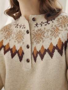 Simple Retro Len In Nút Vòng cổ Áo len - Màu be - Xem 3