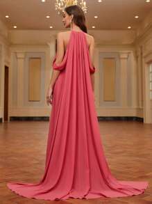 SHEIN Belle 女士v領全晚禮服露背露肩大摺邊禮服（重型） - 玫紅色 - 查看 1