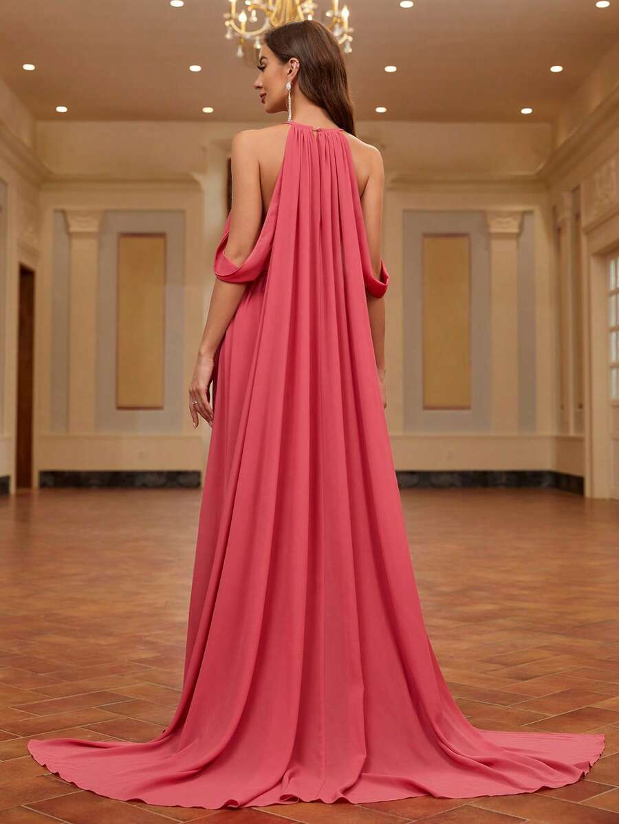 SHEIN Belle 女士v領全晚禮服露背露肩大摺邊禮服（重型） - 玫紅色 - 查看 1