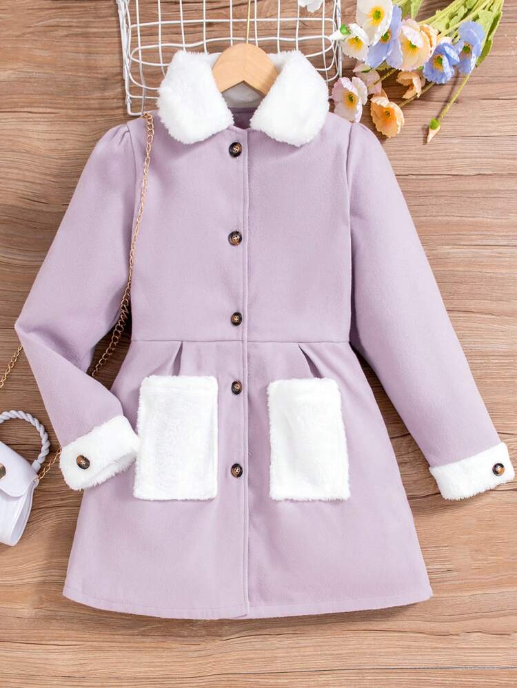 Tween Girl Borg Collar Dual Pocket Button Up Coat