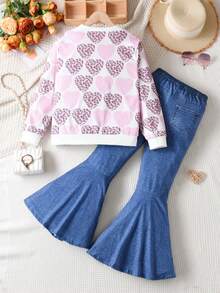 SHEIN 2 件装 Tween 女童长袖运动衫和牛仔效果印花喇叭裤，带有心形图案 - 彩色 - 查看 2