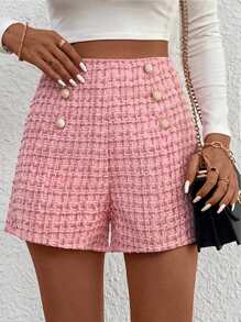SHEIN Frenchy Kẻ sọc Chi tiết Nút Quần short - Hồng - Xem 6