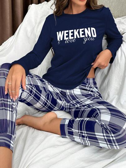 Slogan & Plaid Printed Pajamas Set, Fall Clothes  Cozy And Elegant Details