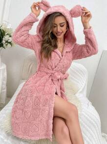 Women's 3d Ear Hooded Plush Robe - Pink - View 3