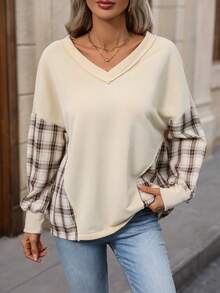 SHEIN LUNE Ladies' Patchwork Plaid Long Sleeve Sweatshirt - Apricot - View 4