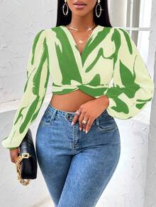 SHEIN Slayr Của phụ nữ Khối màu Xoắn Nút Quần skinny Áo sơ mi Với Xếp - màu xanh lá - Xem 6