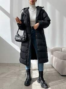 EURMUSE Women'S Hooded Long Black Padded Coat With Drawstring - Black - View 5