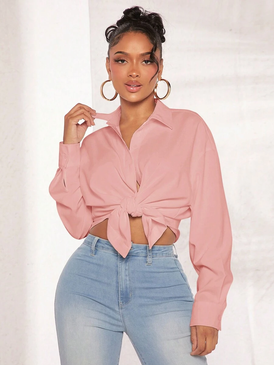 SHEIN SXY Của phụ nữ Thả vai Tay áo dài Áo sơ mi - Bụi hồng - Xem 1