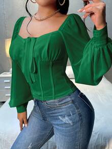 SHEIN SXY 女式愛心領襯衫，襯衫配荷葉袖，綁帶設計 - 綠色 - 查看 4