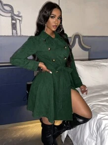 Slaydiva 泡泡袖雙排扣束帶風衣 - 墨綠色 - 查看 3