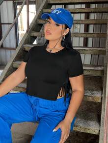 SHEIN EZwear CURVE 側開衩正面繫帶短袖t卹 - 黑色 - 查看 6