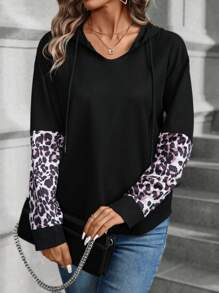 SHEIN LUNE Áo nỉ dài tay phối họa tiết da báo, kiểu áo nỉ mùa thu. - Nhiều màu - Xem 1