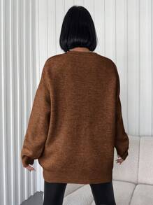 EURMUSE 女式純色落肩前紐扣開襟衫 - 駝色 - 查看 2