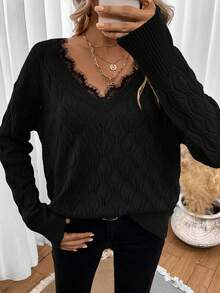 SHEIN LUNE Eyelash Lace Trim Drop Shoulder Sweater - Black - View 4