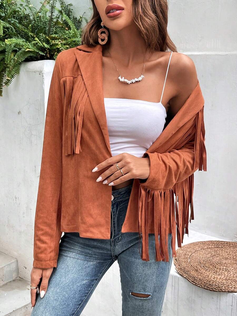 SHEIN VCAY Women's Faux Suede Fringed Jacket - Brown - View 1