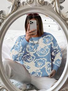Flirla Women's Round Neck Design Blue Cartoon Bear Print Pullover Sweater
