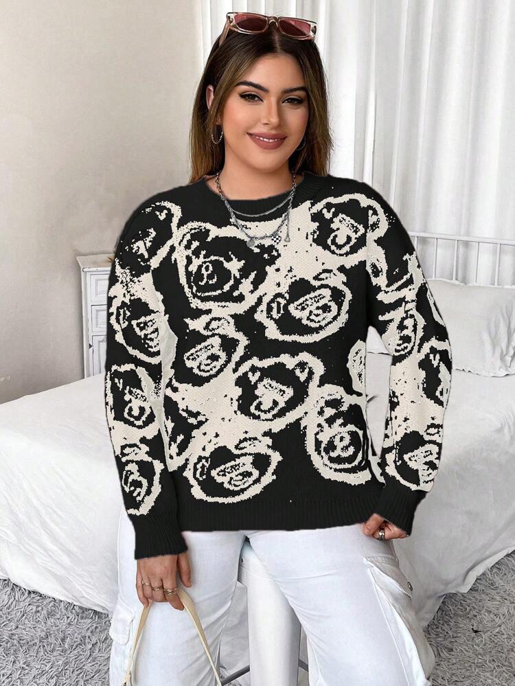 Women's Plus Black Pullover Sweater With Cartoon Bear Pattern Round Neck Knit Pullover Fall Winter