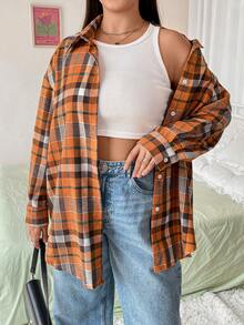 SHEIN LUNE 大码女式格子落肩纽扣衬衫 - 彩色 - 查看 6