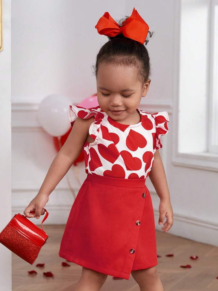 Baby Girls' Casual Cute Heart Pattern Elastic Waist Skirt Set For Valentine's Day