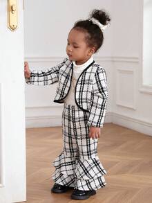 SHEIN 女宝宝厚外套喇叭裤针织毛衣三件套 - 白色 - 查看 4