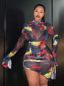 Slaydiva 女士大碼透視喇叭袖連衣裙 - 酒紅色 - 查看 1