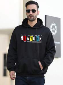 男士加大号字母印花保暖内衬运动衫 - 黑色 - 查看 1