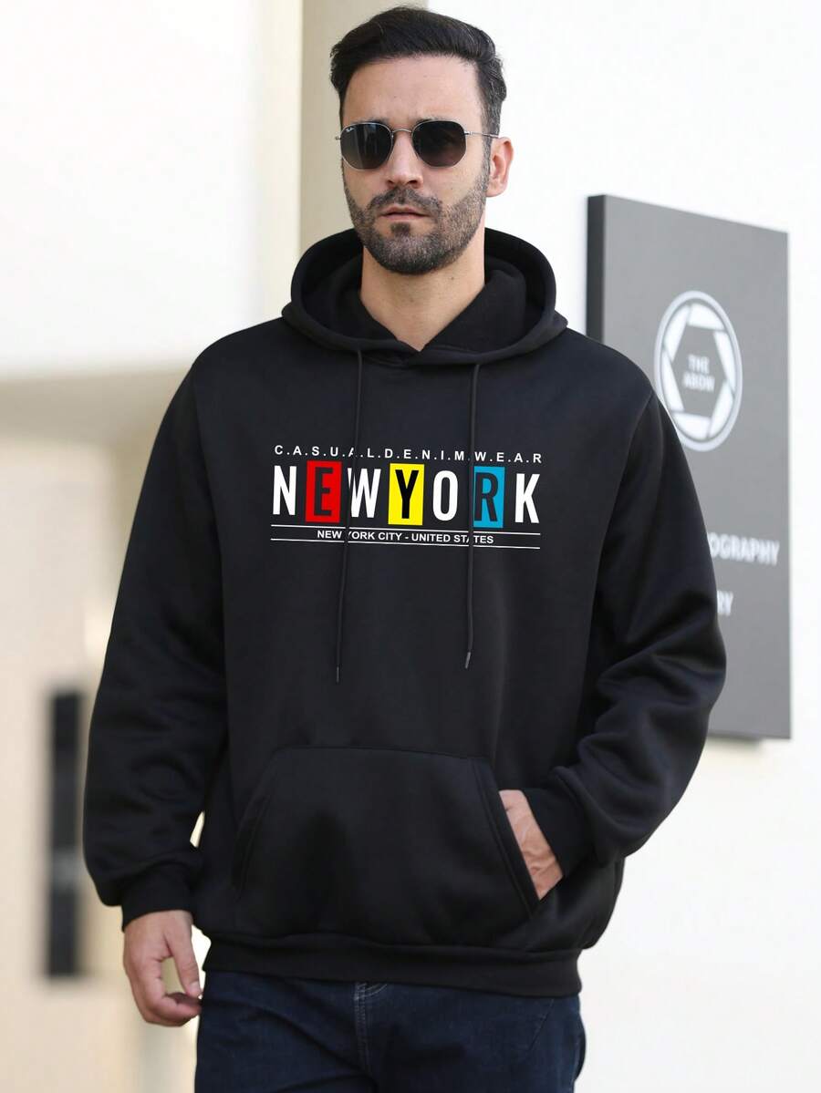 男士加大号字母印花保暖内衬运动衫 - 黑色 - 查看 1