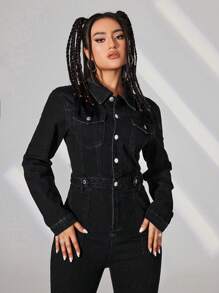 SHEIN EZwear 女用有蓋口袋牛仔連身褲 - 黑色 - 查看 4