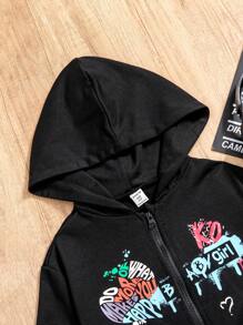 SHEIN Tween Girl Letter Graphic Zip Up Hooded Jacket - Black - View 3