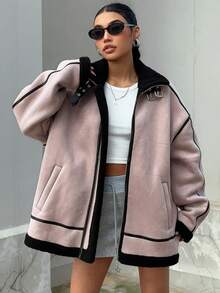 DAZY Của phụ nữ Vá lại Sọc Vòng cổ Thả vai Áo khoác - Bụi tím - Xem 4