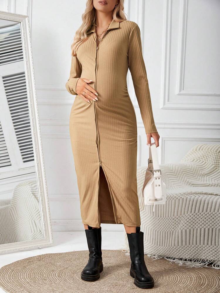 Solid Color Maternity Zipper Dress