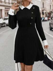 SHEIN Frenchy Cổ áo tương phản Chi tiết Nút Đầm - Nhiều màu - Xem 5
