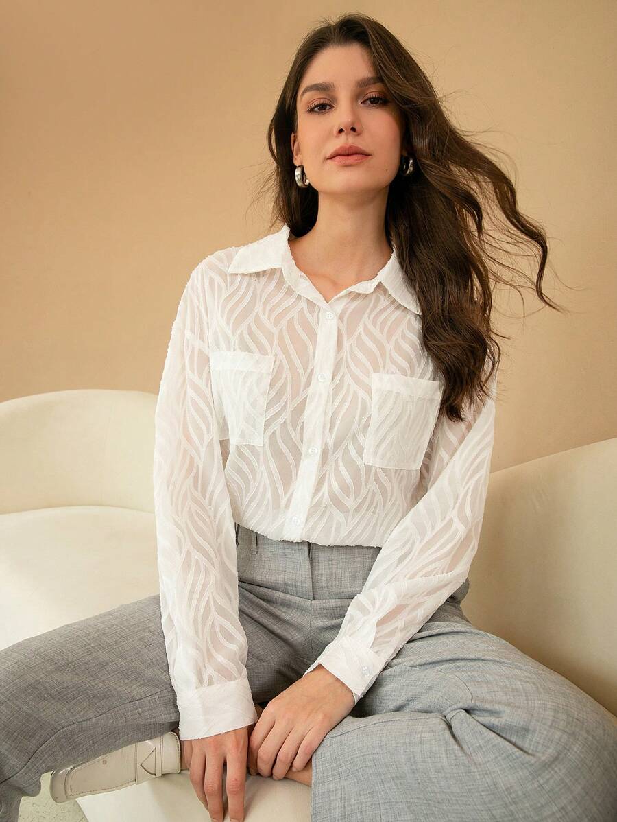 GENKIRA Random Jacquard Long Sleeve Shirt - White - View 1