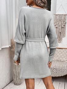 SHEIN LUNE 女款蝙蝠袖束帶毛衣連身裙 - 淺灰色 - 查看 2