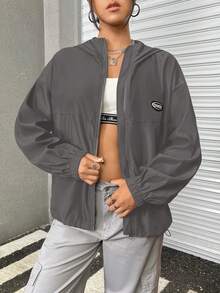 Muchica 女式連帽常規裁剪夾克,字母貼布補丁 - 深灰色 - 查看 3