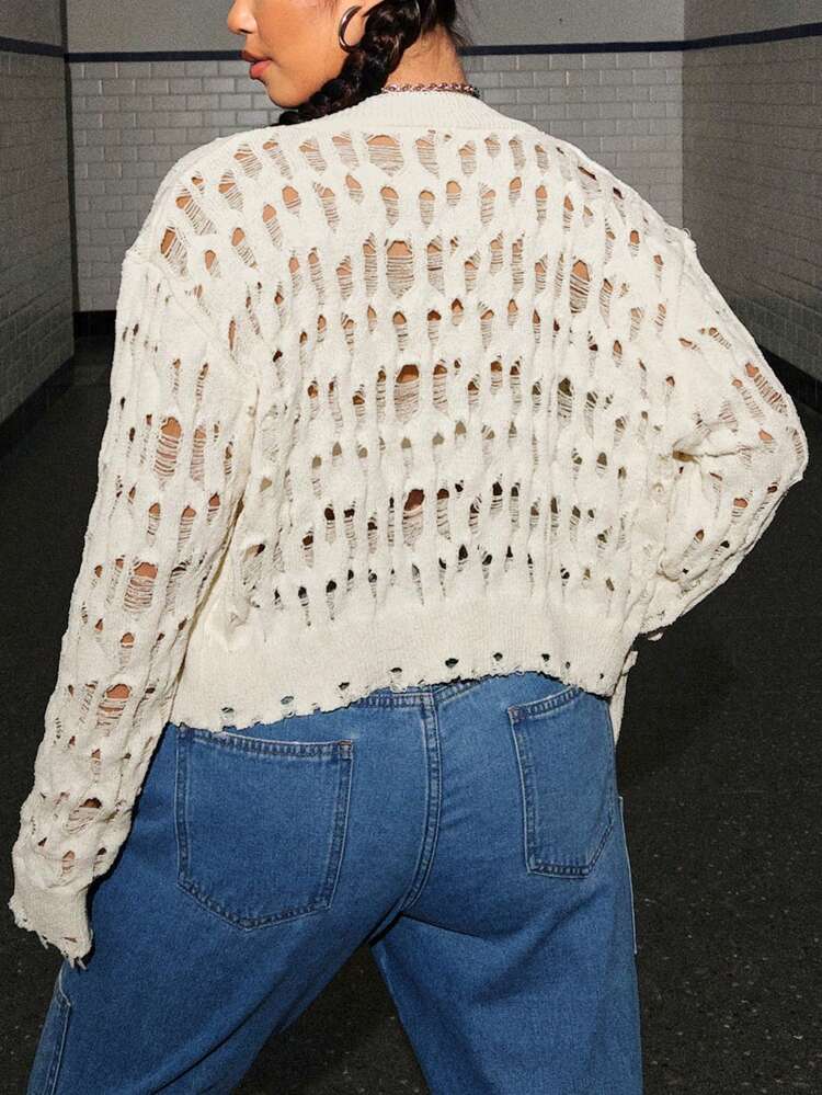 Plus Size Ripped Button Cardigan