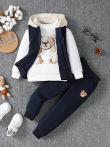 SHEIN 男小童小熊印花拉鏈開襟連帽夾克背心和運動褲&套頭衫 - 寶藍色 - 查看 6