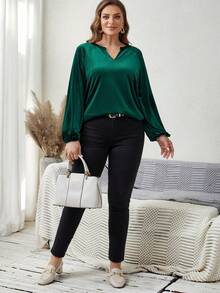EMERY ROSE Loose Fit Plus Size Sweetheart Collar Long Sleeve T-Shirt - Dark Green - View 4