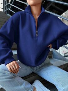 SHEIN Cottnline Women's Solid Color Drop Shoulder Front Zipper Sweatshirt - Blue - View 5