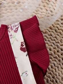 SHEIN 女嬰排扣褶邊上衣配花卉印花蝴蝶結連身裙套裝 - 彩色 - 查看 4