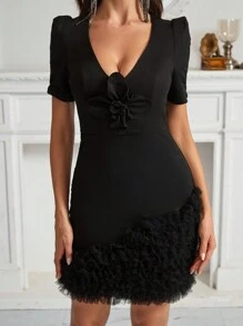 SHEIN Belle Ladies' Floral Lace A-Line Dress With 3d Flower On Chest And Hem For Cocktail Party