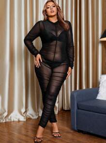 SHEIN Allurite Plus Size Pleated Sheer Mesh Jumpsuit - Black - View 4