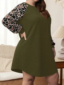 EMERY ROSE Vestido De Talla Grande De Piel De Leopardo Con Mangas De Diferentes Estampados - Verde militar - Ver 5