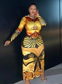 Slaydiva 大尺寸蝴蝶印花連帽修身高分裆裙 - 彩色 - 查看 3