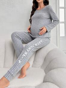 SHEIN Thai sản In thư Đồ đan Ribbed Bộ đồ ngủ - Xám - Xem 5