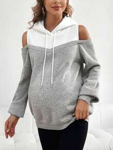 SHEIN Thai sản Khối màu Vai lạnh Dây rút Áo nỉ có mũ - Nhiều màu - Xem 6