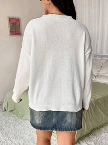 Flirla Plus Size Stylish Floral Embroidery Round Neck Sweater
